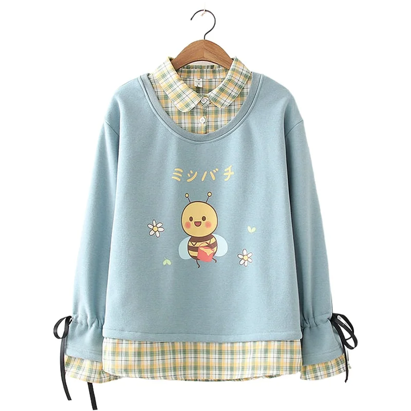 

Casual Fleece Fake 2 Piece Sweatshirt Women Autumn Winter New Cute Bee Print Long Sleeve Sweet Pullover Plus Velvet Top 2011336