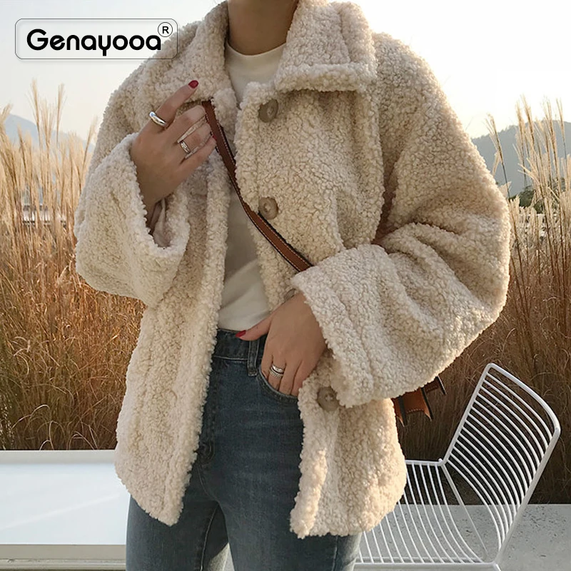 Genayooa модные женские туфли куртка и пальто для девочек в Корейском стиле; Свободные теплые, зимние, шерстяные пальто Для женщин с карманами Однобортный пальто из овечьей шерсти для детей; верхняя одежда