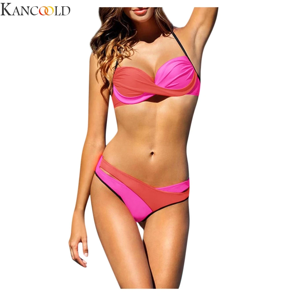 KANCOOLD, женский купальник, купальник из двух частей, цветной блок, средняя талия, v-образный вырез, бикини, купальник, купальник, пляжная одежда, новая мода