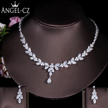 

ANGELCZ Brand Gorgeous Marquise Cubic Zirconia Wedding Bridal Drop Necklace Earring Luxury Costume Jewelry Sets for Women AJ187