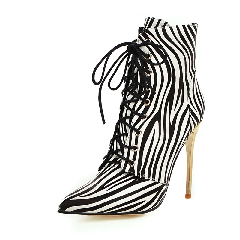 ANMAIRON/серебристые женские ботильоны на очень высоком тонком каблуке с острым носком; клетчатая обувь из искусственной кожи на молнии женские ботинки золотистого цвета с перекрестной шнуровкой - Цвет: stripe