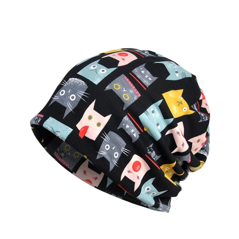 

Autumn Winter kid teens Running Cap Scarf Simple Style Cat Printed Breathable Stretch Hat Neck Warmer Hiking Travel Hats