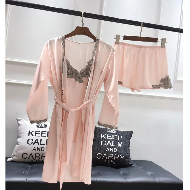 pink Пижамный комплект из трех предметов, сексуальные шорты на бретельках, халат, Летний Шелковый пижамный комплект для дома, Женский пижамный комплект с нагрудной накладкой, комплект для сна - Цвет: pink
