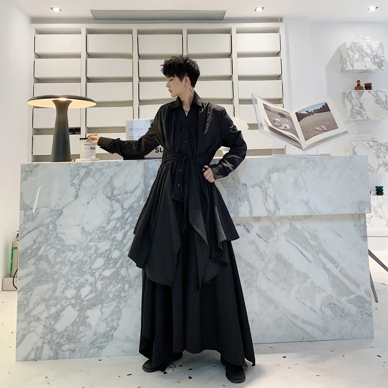 

Japanese tide men's neutral long section knee thin shirts men's personality irregular shirt stage costume