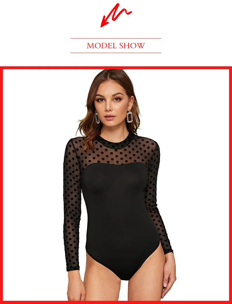 Stigende Sexy Polka Dot Long Sleeve Bodysuit Women Black Mesh Patchwork Bodysuit Casual Stretch Bodycon See Through Bodysuit