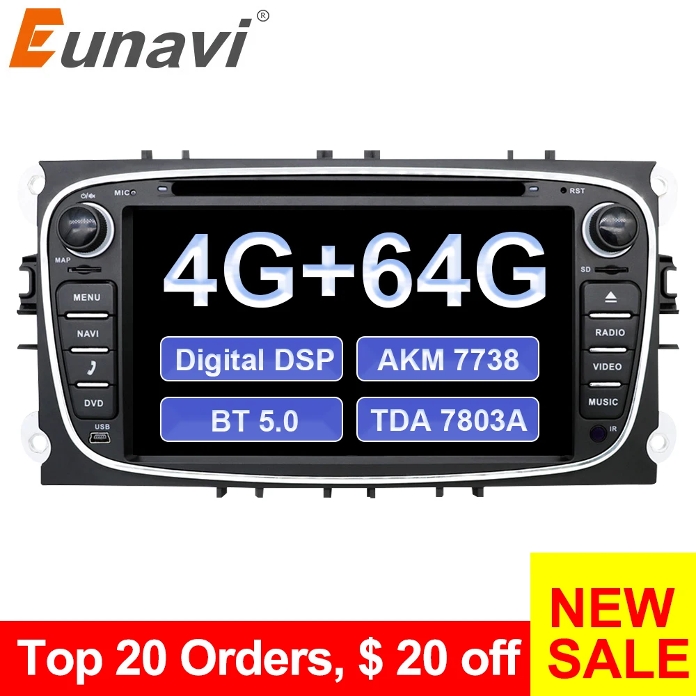 Eunavi 2 din Android 9,0 PX6 автомобильный DVD мультимедийный плеер для FORD Focus Mondeo S-MAX C-MAX Galaxy 4G 64G радио 2din gps BT5