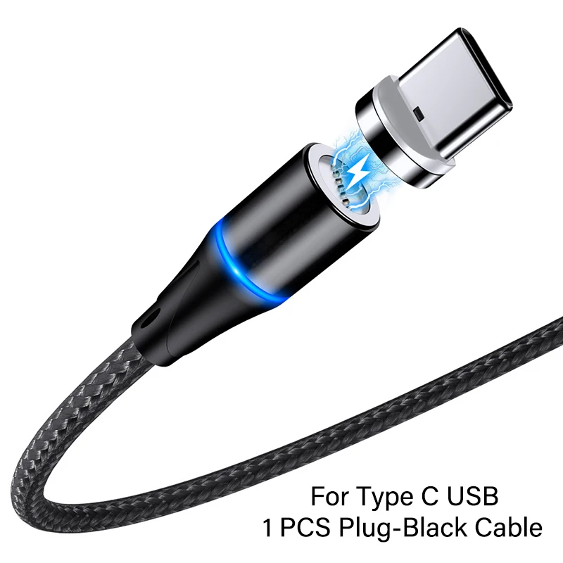 Магнитный кабель 3а 1 м, светодиодный кабель Micro usb type C, магнитный usb-кабель для зарядки iPhone X 7 huawei samsung, зарядный кабель для мобильного телефона - Цвет: For Type C Black