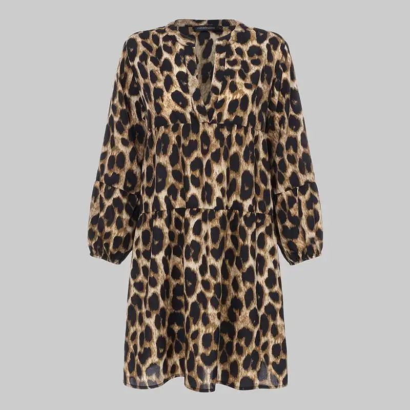 Женская сексуальная леопардовая блузка с длинным рукавом и v-образным вырезом, Женская Офисная рубашка, плиссированный Повседневный Свободный Топ размера плюс, Blusas Feminina 7 - Цвет: Coffee