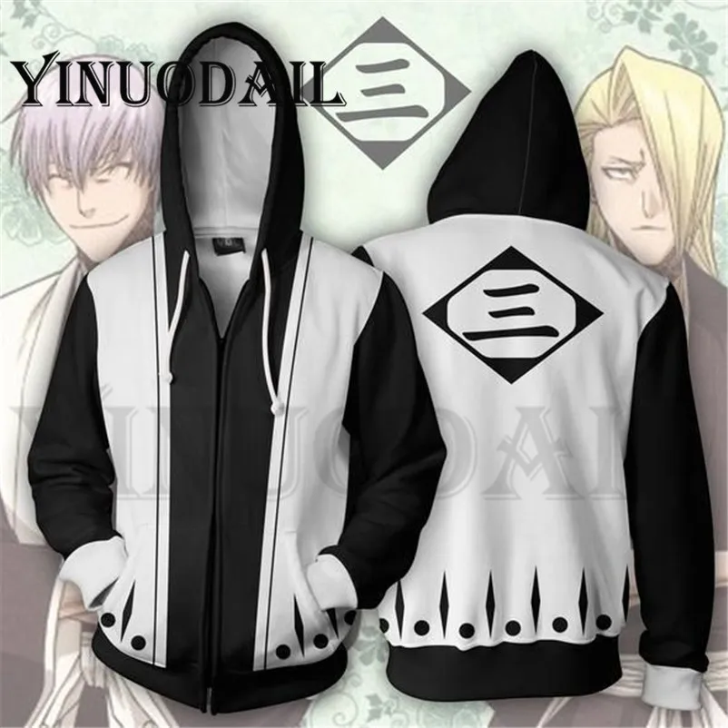 ##BUY Men and Women Zip Up Hoodies Anime Bleach Hoodie Ichimaru Gin Squad 3 Captain 3d Sweatshirt Cosplay Costumes Harajuku Streetwear