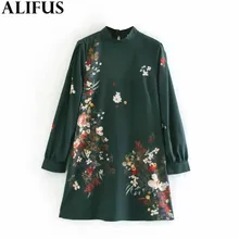 Fashion Za Women Dress Vintage Floral Printed Stand Collar Long Sleeve Casual Loose Mini Dresses Female Ladies Vestidos