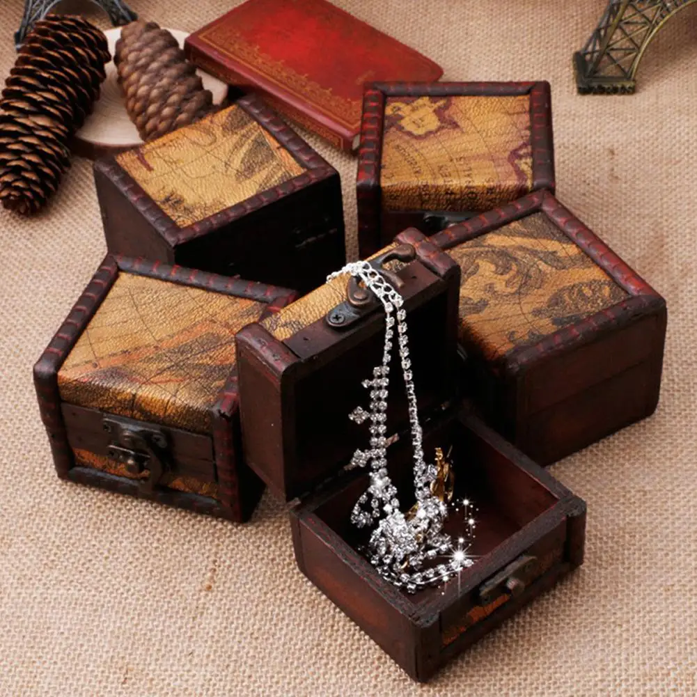

New Vintage Wood Map Pattern Jewelry Storage Box Cufflink Case Holder Container