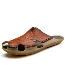 Г. Новые мужские сандалии Летняя Нескользящая Мужская обувь из натуральной кожи уличная дышащая пляжная обувь мужские вьетнамки, большой размер 38-48