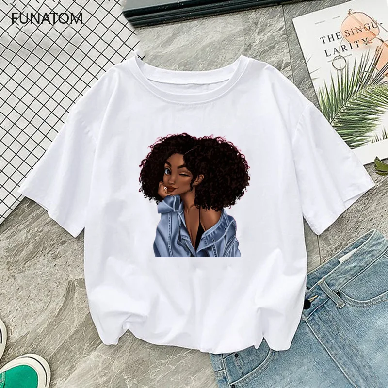 Melanin Poppin рубашка Vogue Футболка женская черная африканская кудрявая девушка