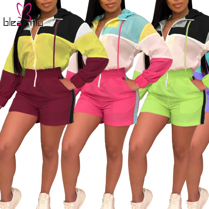 

Patchwork Women Hooded Jumpsuit Sexy Zipper V Neck Long Sleeve Loose Casual Romper Short Playsuits Sportswear Summer Overalls