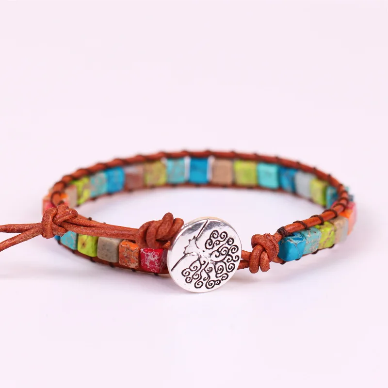 

Chakra Bracelet Jewelry Handmade Multi Color Natural Stone Tube Beads Leather Wrap Bracelet Couples Bracelets Creative Gifts