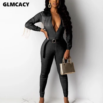 

Women Sexy Long Sleeve Tassel Denim Jumpsuits Black Blue Zip Up Overalls One Piece Party Club Bodycon Rompers Womens Jumpsuit