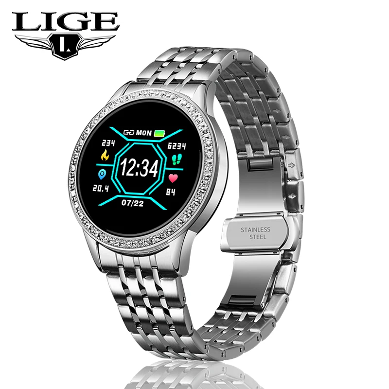 Silver LIGE, новинка, стальной ремень, смарт-часы для женщин, пульсометр, кровяное давление, мониторинг, функция, спорт, многофункциональный режим, Модные Смарт-часы - Цвет: Silver