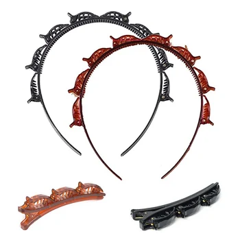 

2PCS Double Bangs Hairstyle Hairpin Twist Plait Hairband Headband Hair Hoop Band + 2PCS Hairclips for Women Girls Gift Black