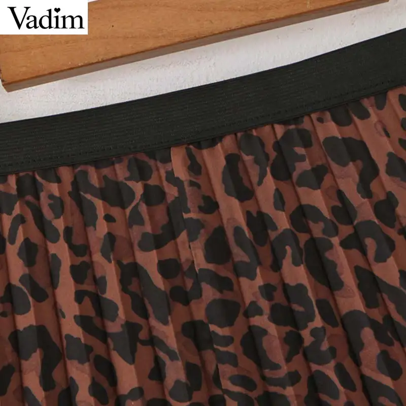 Vadim women leopard print pleated skirt elastic waist animal pattern basic female stylish wild ankle length skirts BA839