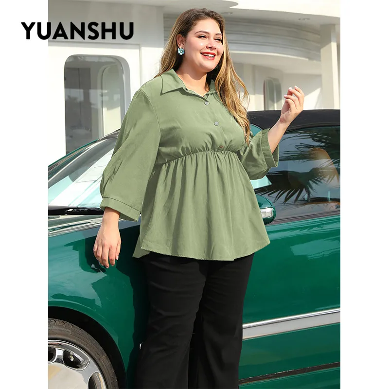 YUANSHU элегантная однотонная блузка с рюшами размера плюс, женская блузка на пуговицах, с отложным воротником, с рукавом девять четверти, топы, XL-4XL, рубашка большого размера