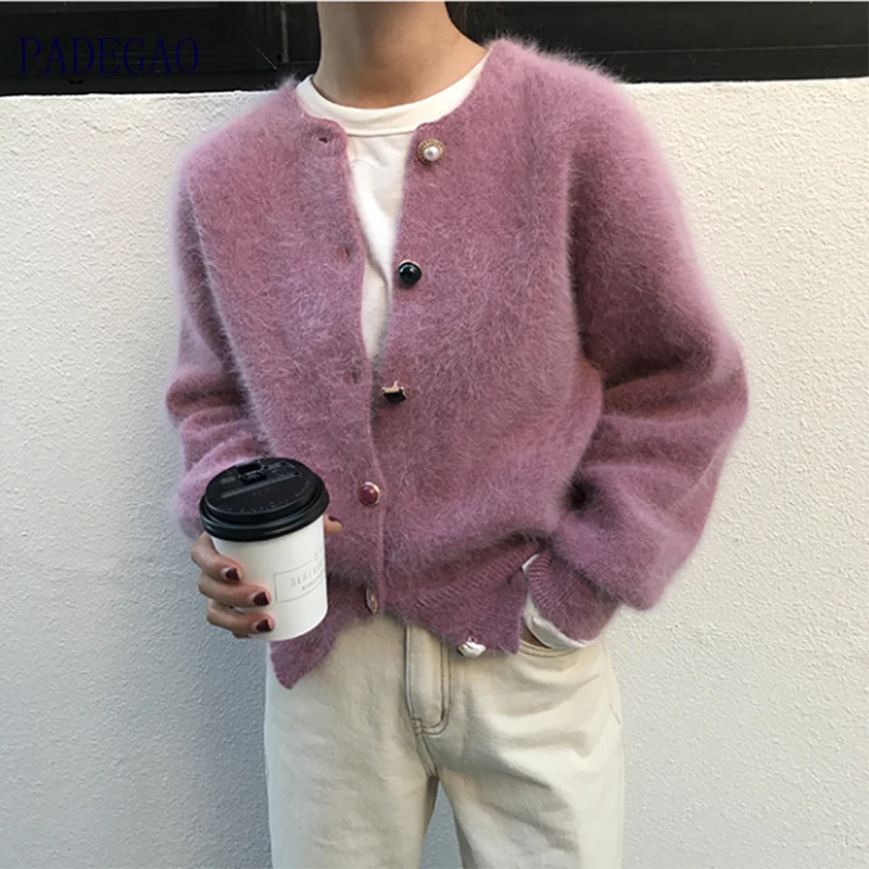 

Fleece Sweater Women O-Neck Gem Button Mohair Velvet Mink Cashmere Cardigans Knitted Pure Mink High Quality Wool Full Coat