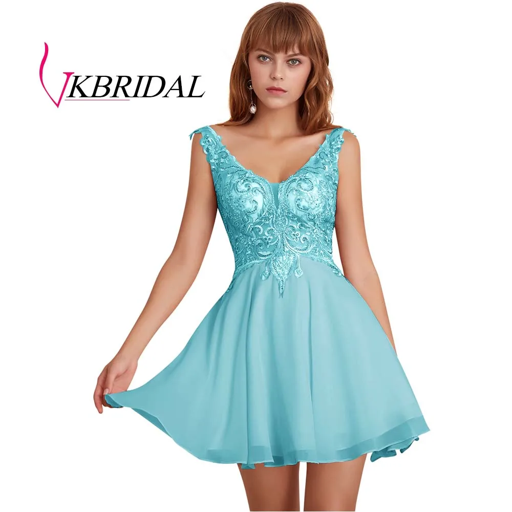 ice blue VKBRIDAL, сексуальные платья с открытой спиной для выпускного вечера, короткие,, v-образный вырез, шифон, кружево, бисер, жемчуг, розовые, вечерние платья для выпускного вечера - Цвет: ice blue