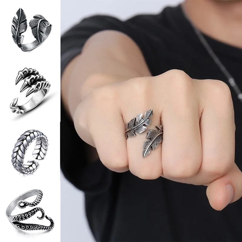 

Men Punk Exaggerated Claw Plume Ring Stainless Steel Adjustable Personality Ring Fashion Index Finger Ring Jewelry Christmas
