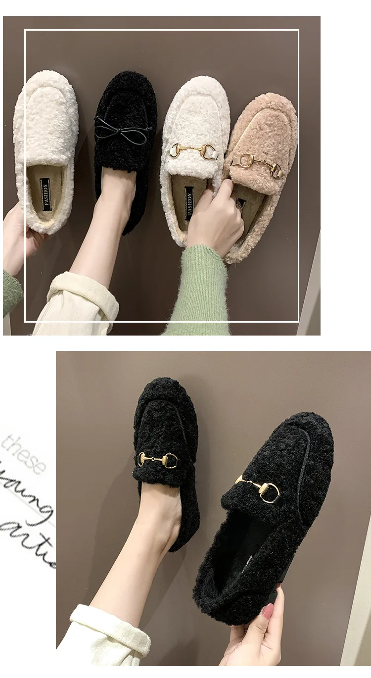 Plush Loafers Ballets Flats Shoes Woman Winter Flock Solid Moccasins Slip-Ons Peas Plush Egg Roll Flats Footwear