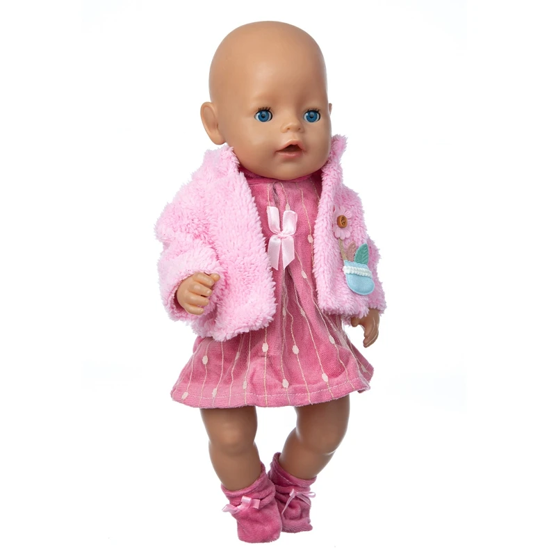 Doll Clothes Pink Dress + Coat + Socks Fit 17 inch 43cm Baby New Born