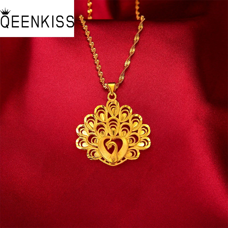 

QEENKISS 24KT Gold Peacock Pendant For Women Vintage Charm Fine Wholesale Jewelry Wedding Party Bride Ladies Girl Gift PT5115