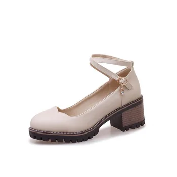 

Spring Summer Women's Chunky Heel Shoes Round Toe Ankle Warp Shoes Woman PU Leather Cheap Mid Heel Shoes