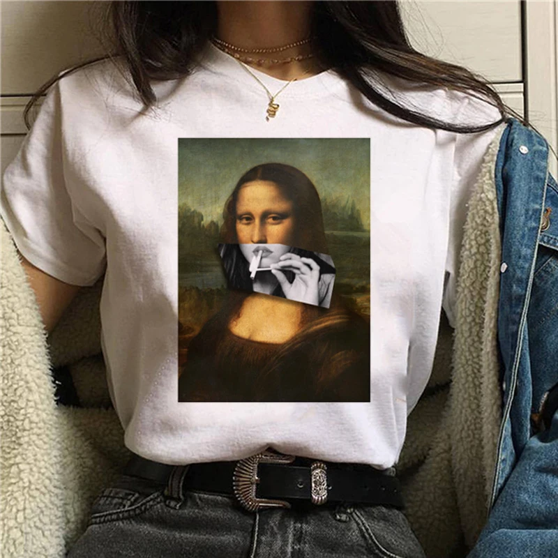 Mona Lisa Эстетическая Harajuku футболка женская Ullzang винтажная графическая футболка Веселая мультяшная футболка 90s корейский стиль Топы Футболки женские