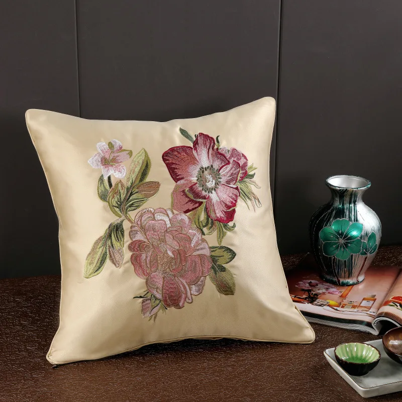 Атлас Вышивка Узор цветы пиона Подушка Cojines Decorativos Para диван год домашние декоративные подушки