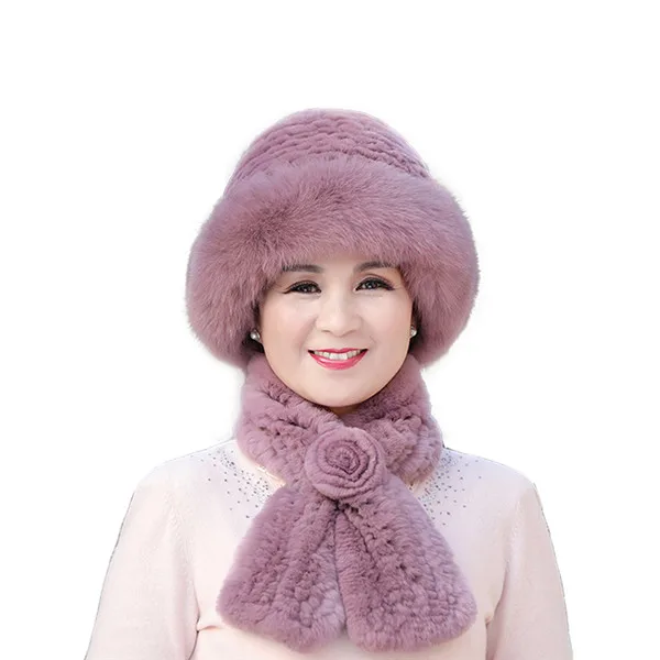 Pink Новая модная меховая шапка для девочек, Зимний натуральный мех кролика Рекс, настоящий шарф, шапка, натуральная качественная шапка - Цвет: Pink