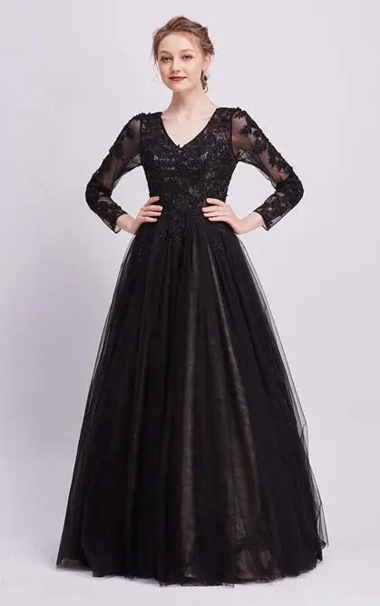 Черный Blak A-Line Роскошные кружевные вечерние платья v-образный вырез три четверти рукава формальная Вечеринка длинная аппликация для выпускных платьев robe de soiree - Цвет: Черный