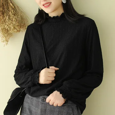 black Swet Mori Girl, кружевная бархатная нижняя рубашка, осень и зима, Женский Ретро Однотонный пуловер с длинным рукавом, футболка, мягкие кружевные топы - Цвет: black
