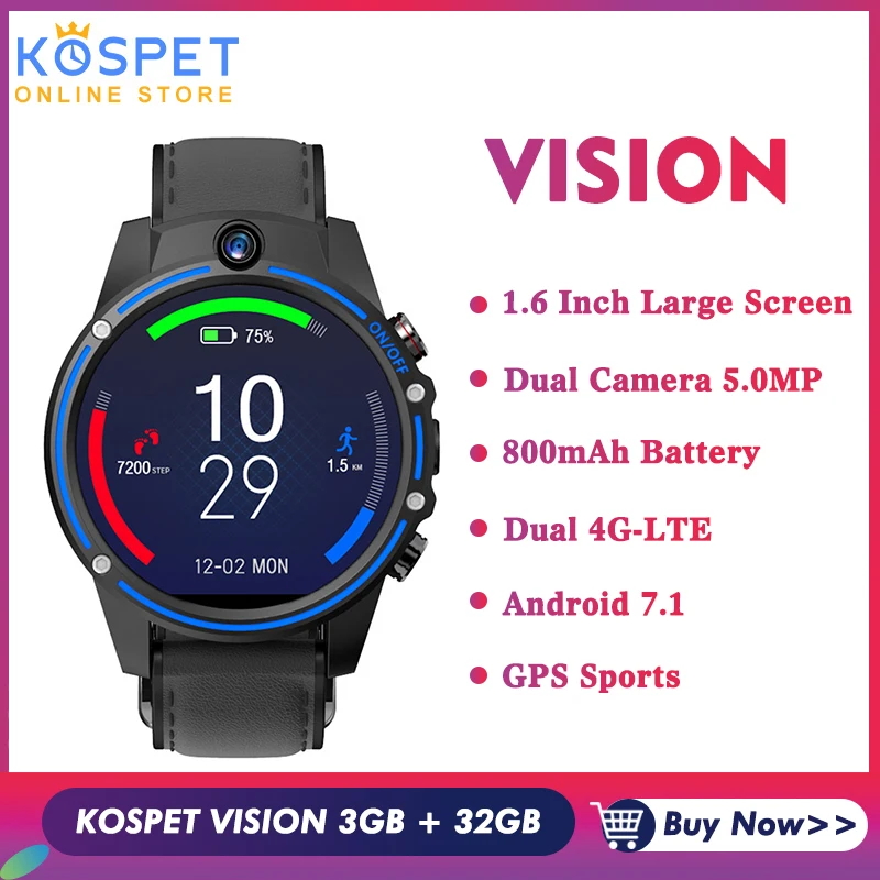 

KOSPET Vision Smart Watch 3GB 32GB Dual Camera 5.0MP Bluetooth 800mAh GPS Sport Android 4G Smartwatch Men For IOS Android Phone