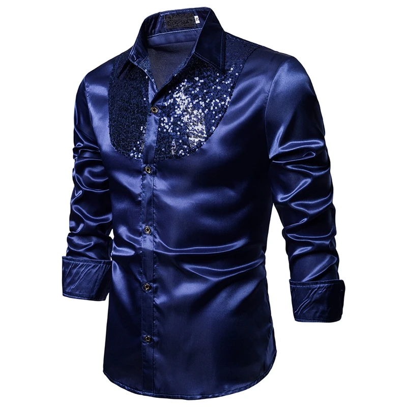 

Laamei 2019 Men's Luxury Sequin Dress Shirts Long Sleeve Silk Satin Shiny Disco Party Shirt Men Chemise Stage Dance Shirts