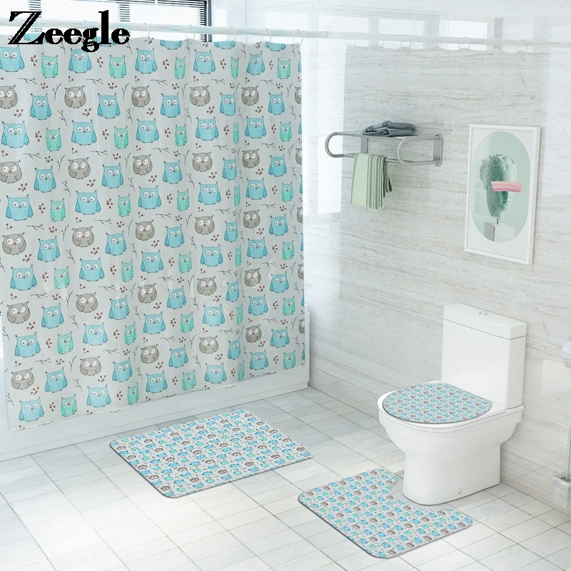 Printed Bathroom Carpet Bath Mat and Shower Curtain Set Microfiber Toilet Seat Cover Mat Non-Slip Bathroom Rug Set
