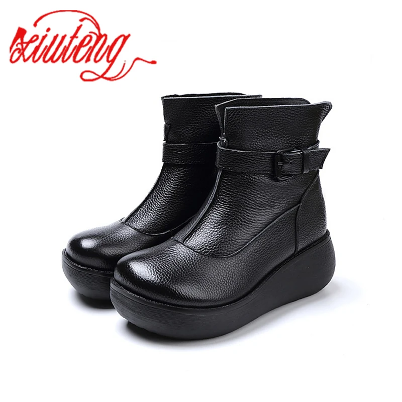 Xiuteng 2021 winter Genuine Leather Ankle Boots Handmade Lady soft Flat shoes comfortable Casual Moccasins side Zip | Обувь