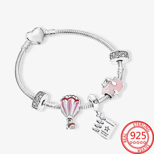 Real 925 Sterling Silver Pink Travel Bag Charm Set Bracelet & Romantic Love  Rose Gold Brand Bracelet For Women's Gift - AliExpress