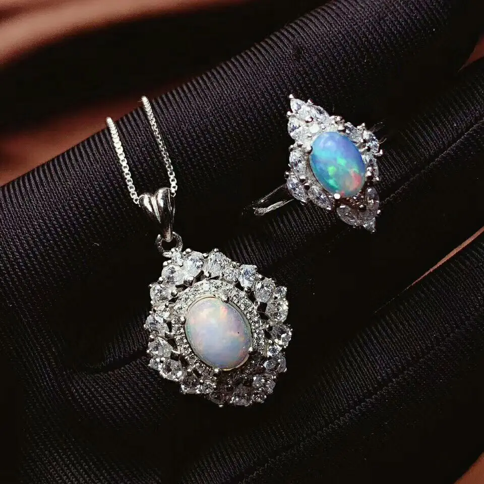MeiBaPJ настоящий натуральный опал, драгоценный камень, цветок, кольцо, ожерелье, 2 предмета, костюм для женщин, настоящее 925 пробы, серебро, набор свадебных ювелирных изделий