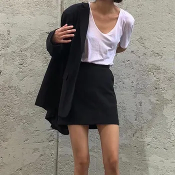 

High Street Vintage Two Piece Skirt Set Female Single Breasted Oversize Black Blazer+Short A Line Skirt 2020 Women Blazer Suit