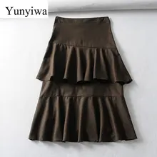 Женская винтажная однотонная каскадная юбка с асимметричным подолом и рюшами, женские льняные юбки до середины икры с боковой молнией