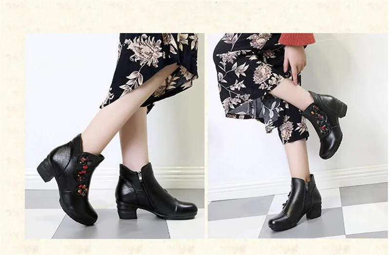 YAERNI Autumn Winter Shoes Woman Cow Leather Flower Shoes Comfort Med Heel Ankle Boots Genuine Leather Fashion Shoes women