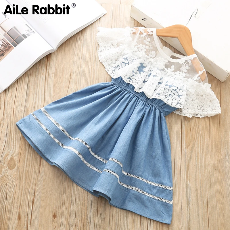 Girl Clothes Dress Denim Lace Dress 