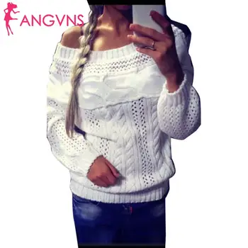 

Fashion Women Casual Off Shoulder Long Sleeve Knit Knitwear Pullover Solid Slash Neck White, Gray Sweater