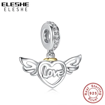 

ELESHE Silver Love Heart Charm Fit Original Bracelet 925 Sterling Silver Angel Wings Dangle Charm 925 Silver Beads DIY Jewelry