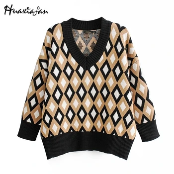 

Huaxiafan Women Plaid Sweaters Knitted Jumpers V Neck Long Sleeve Sweaters Female Loose Pullovers Vintage 2019 Autumn Sweater