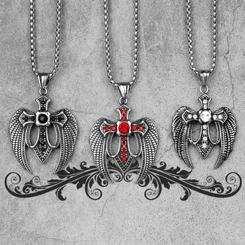 Red Black Cross Wings Men Long Necklaces Pendants Chain Punk for Boy Male Stainless Steel Jewelry Creativity Gift Wholesale